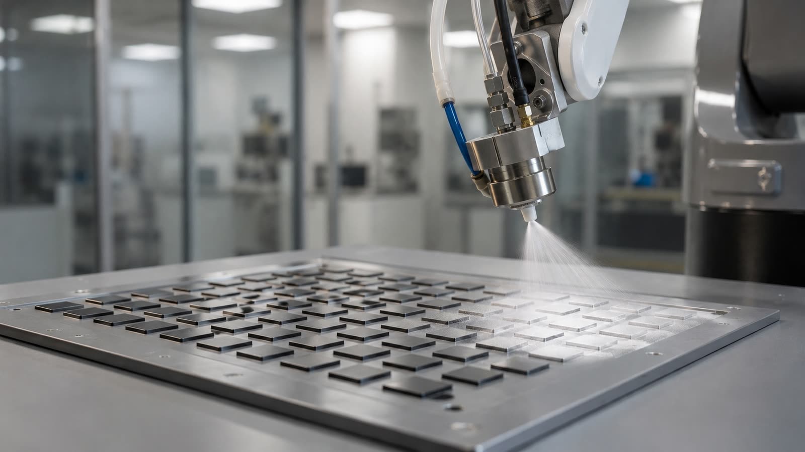 Robotic spray nozzle applying an ultra-thin conductive EMI shielding coating onto electronic components